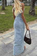 Slim Light Blue Denim Button Maxi Dress Lavish Daily