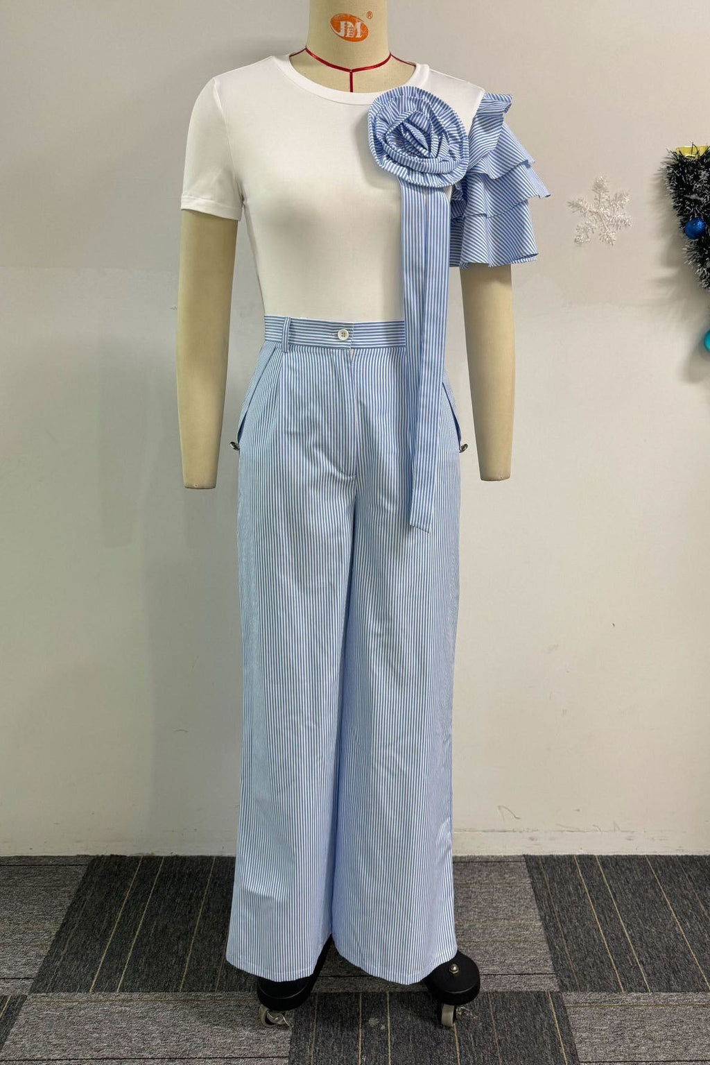 Single Ruffle Sleeve T-Shirt Striped Pants Set Lavish Daily