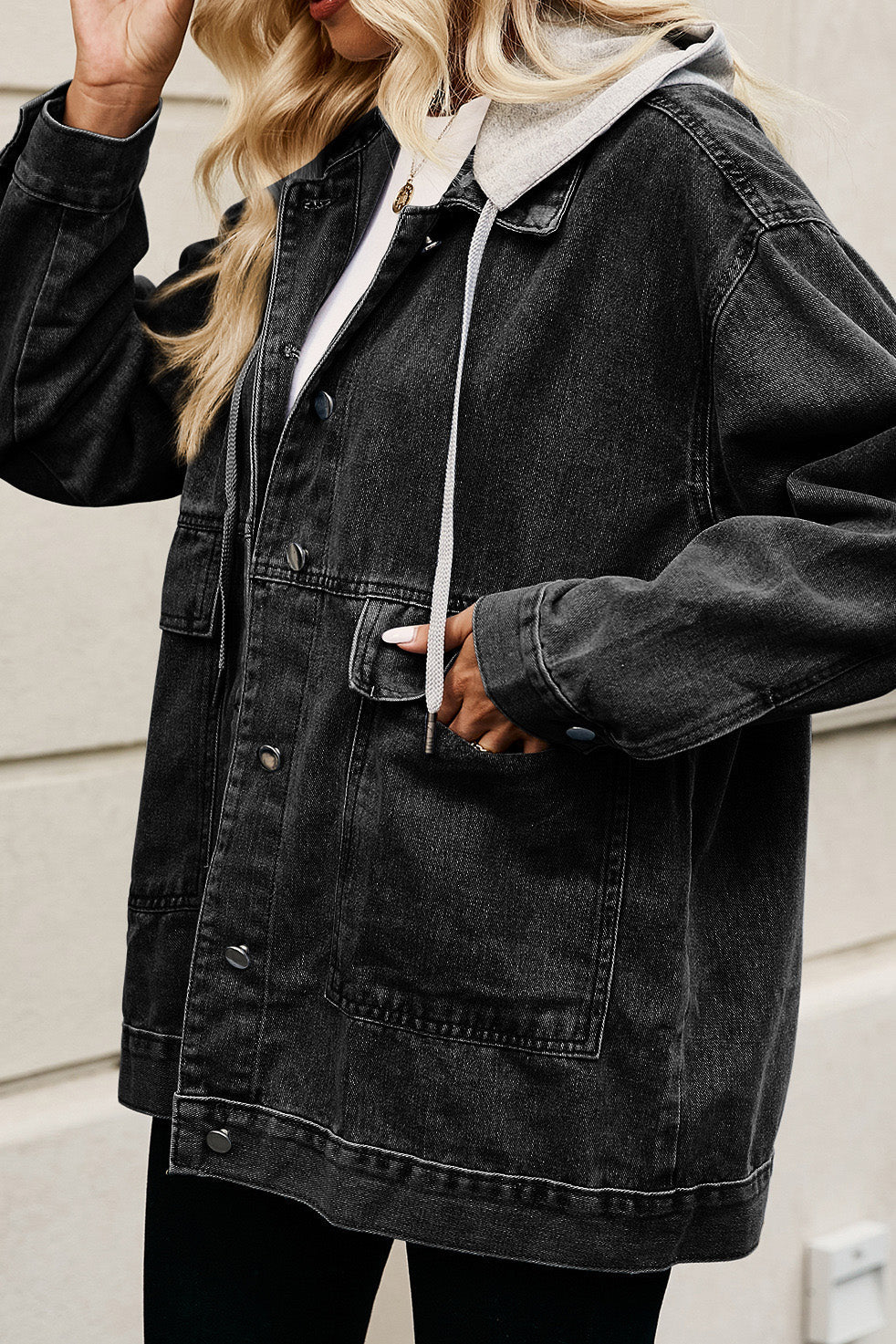 Oversized Denim Jacket with Detachable Hood Lavish Daily