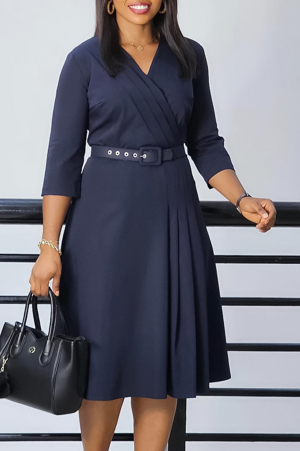 V-Neck Wrinkled Midi Dress Lavish Daily