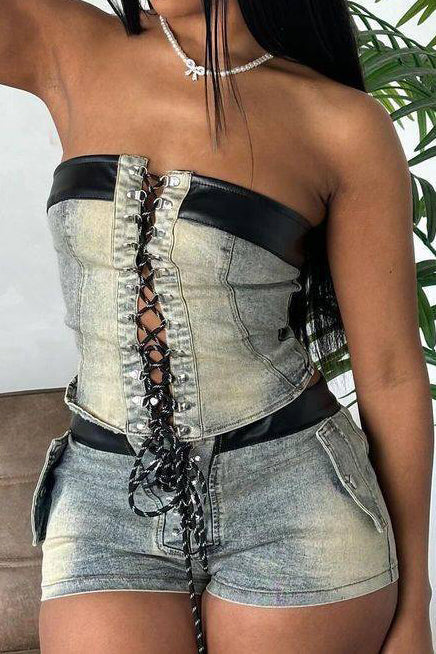 Denim Lace up Tube Top Shorts Stretch Set Lavish Daily