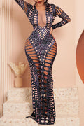 Mesh Deep V Long Sleeve Rhinestone Maxi Dresses Lavish Daily