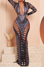 Mesh Deep V Long Sleeve Rhinestone Maxi Dresses Lavish Daily