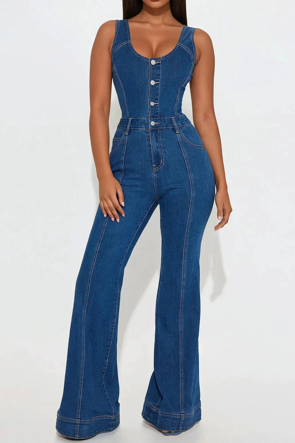 Strappy Flared Leg Denim Jumpsuit Lavish Daily