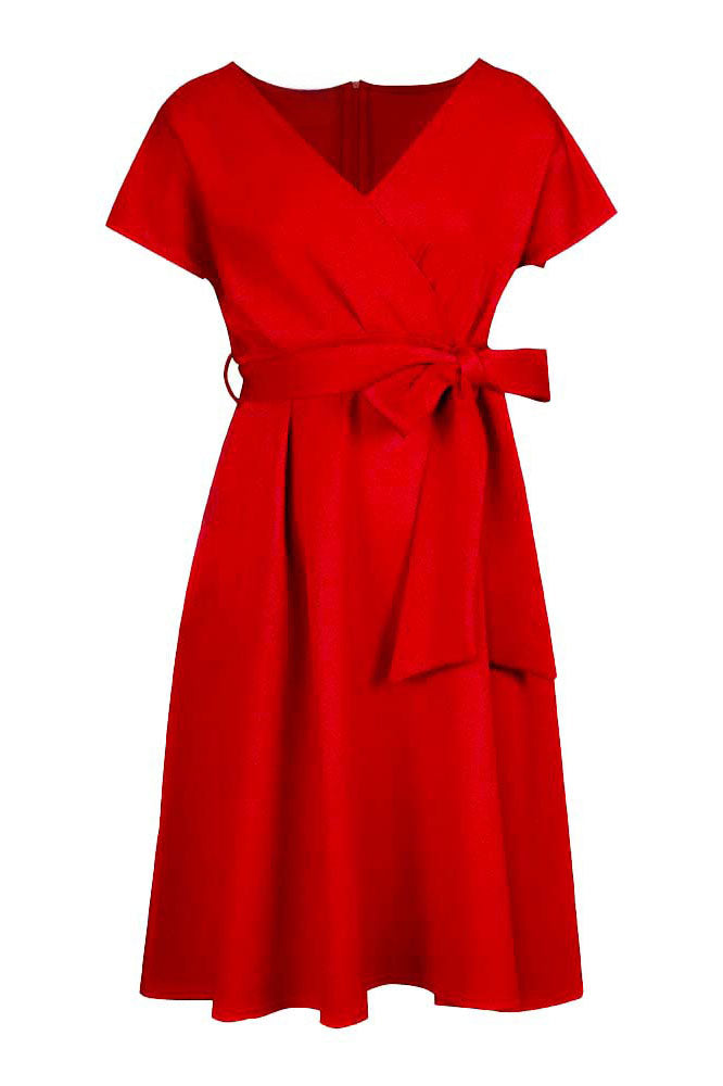 Solid Color Belted Bow Tie Waist Dress Lavish Daily