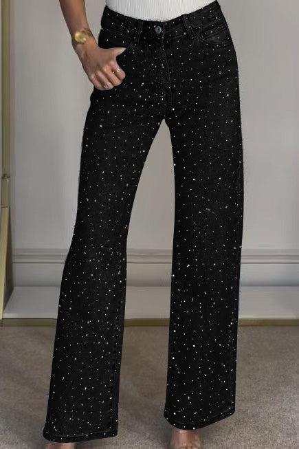 Wide-Leg High-Waist Rhinestone Jeans Lavish Daily