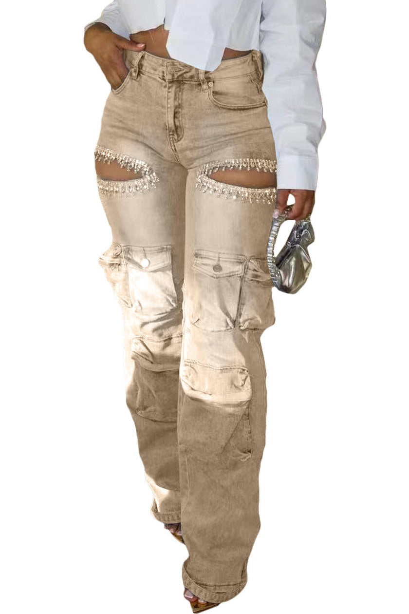 Rhinestone Cutout Wide Leg Cargo Pants LavishDaily