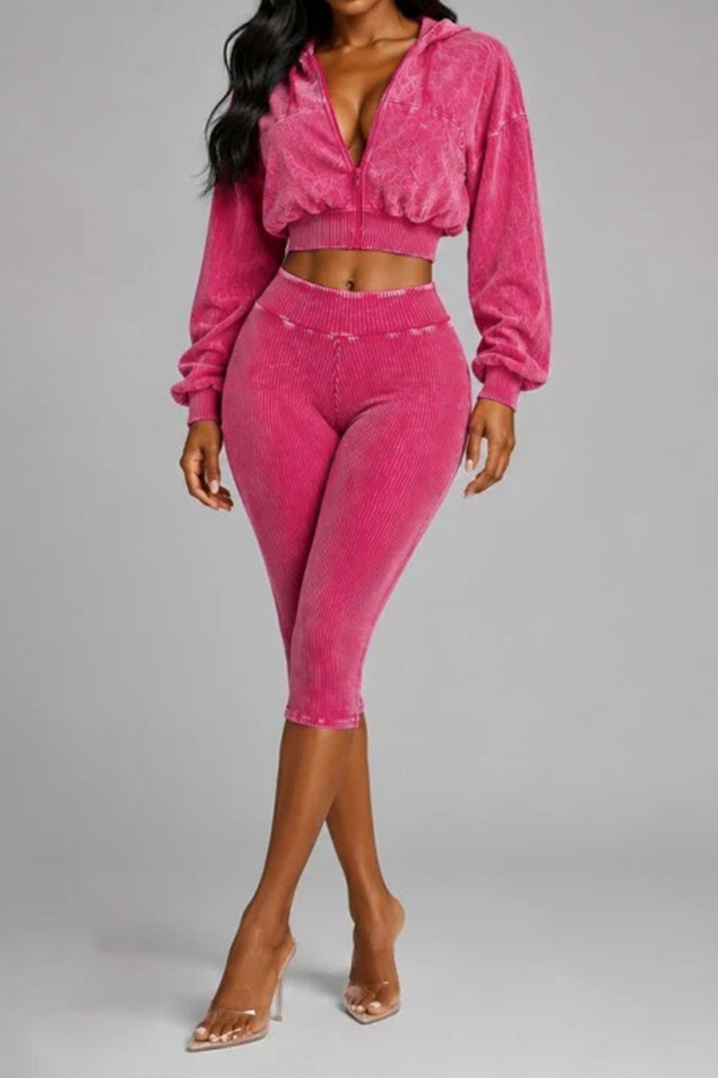 Washed Hoodie & Ribbed Capri Leggings Set Lavish Daily