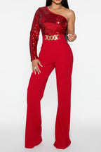 One Shoulder Sequin Wide Leg Jumpsuit Lavish Daily