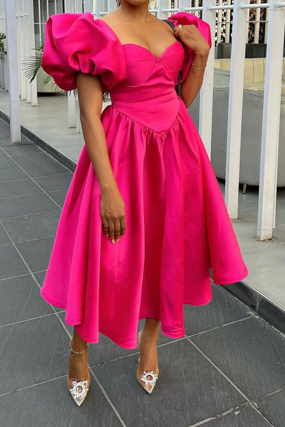 Puff Sleeve Basque Midi Dress Lavish Daily