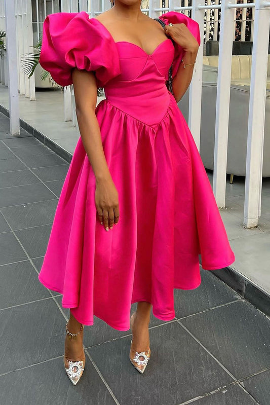 Puff Sleeve Basque Midi Dress Lavish Daily