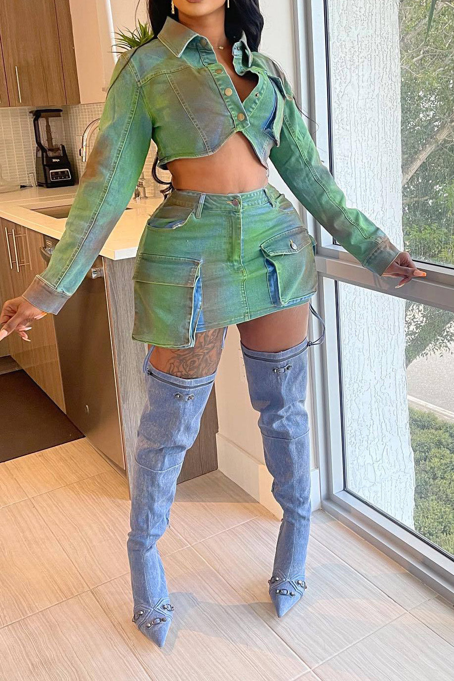 Cropped Denim Jacket and Cargo Skirt Set Lavish Daily