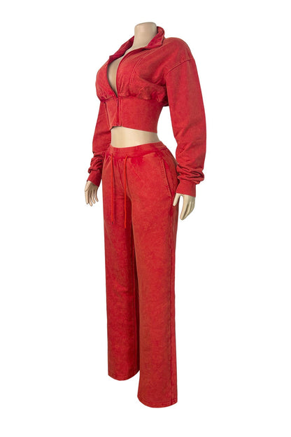 Washed Cropped Zip Jacket Wide Leg Pants Set Lavish Daily