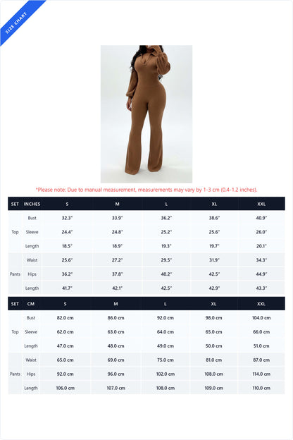 Ribbed Knit Collared Flare Pant 2-Piece Set Lavish Daily