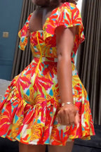 Printed Waist-Cinching Pleated Romper Lavish Daily