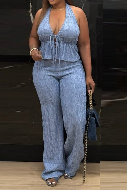 Textured Halter Wide Leg Pant Set Lavish Daily