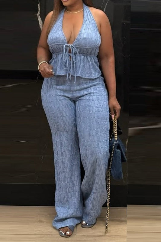 Textured Halter Wide Leg Pant Set Lavish Daily