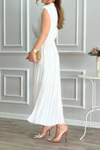 Pleated Tie Midi Dress with Half-High Collar Lavish Daily