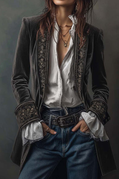 Velvet Embroidered Long Jacket LavishDaily
