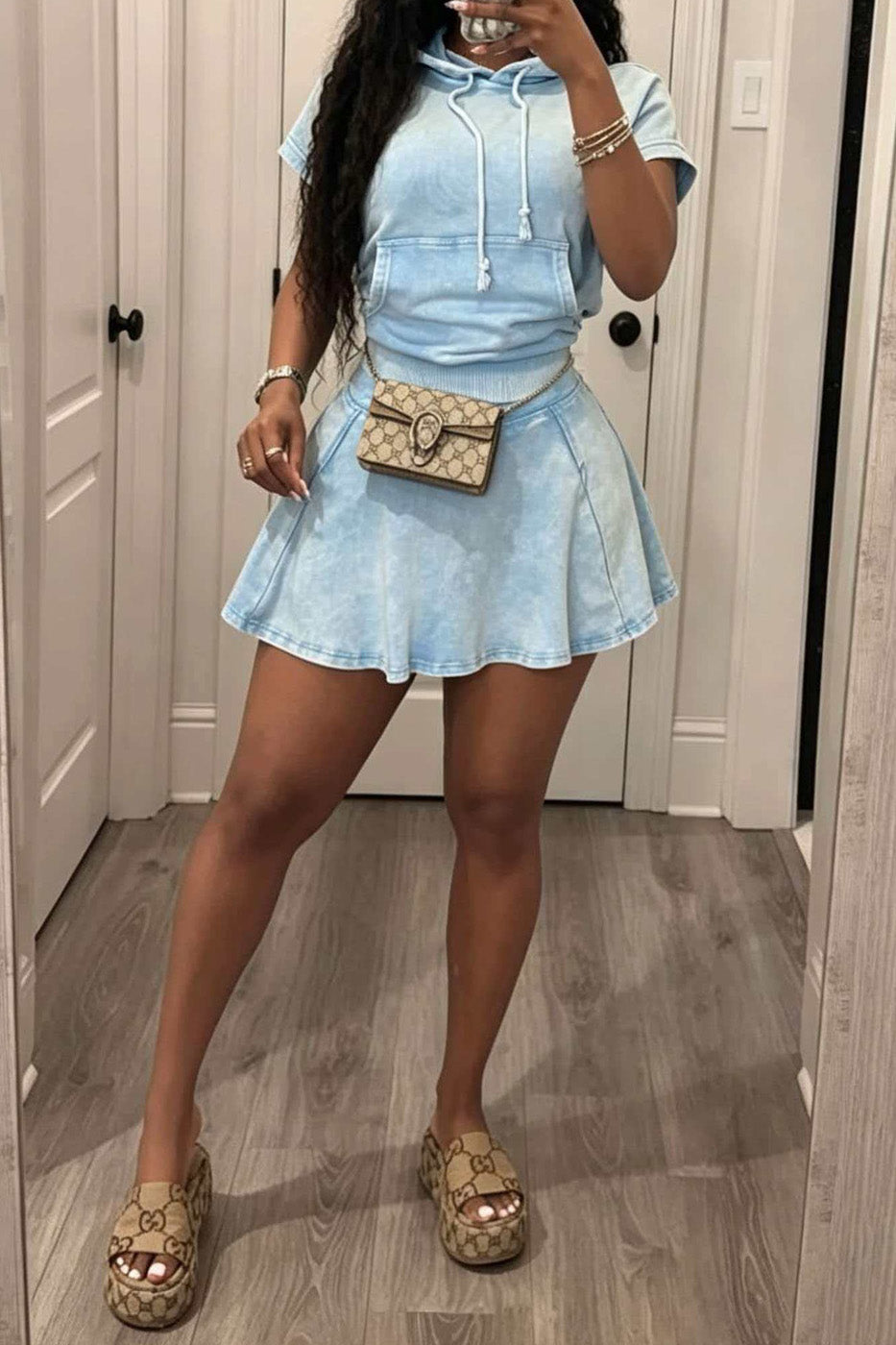 Mineral Wash Short Sleeve Hoodie & Skater Skirt Set Lavish Daily