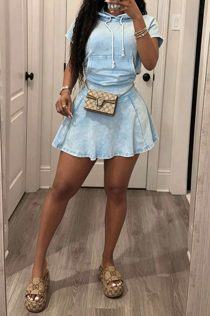 Mineral Wash Short Sleeve Hoodie & Skater Skirt Set Lavish Daily