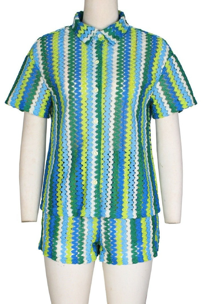 Crochet Chevron Short Sleeve Button-Down & Shorts Set Lavish Daily
