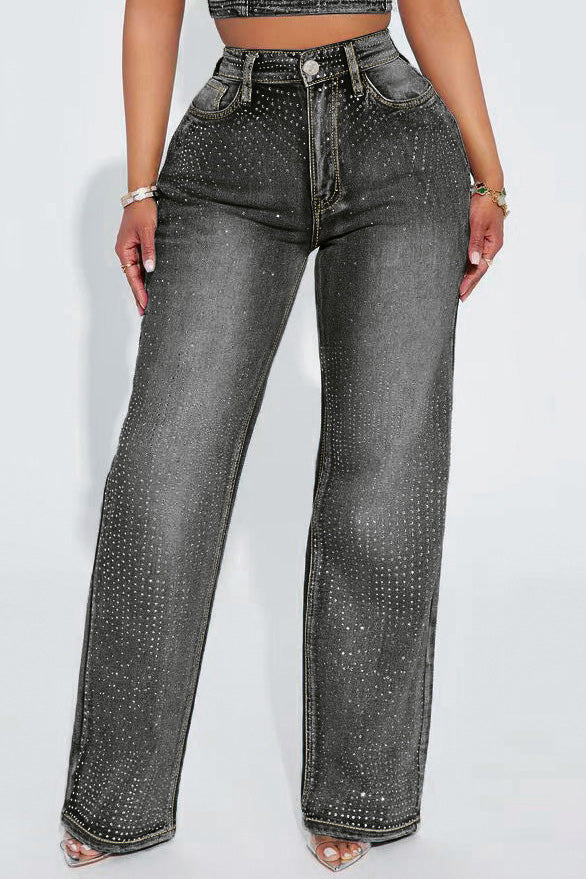 Rhinestone Straight Leg Jeans Pants Lavish Daily
