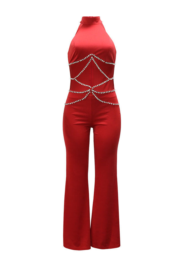 Halter Rhinestone Chain Cutout Flared Jumpsuit Lavish Daily