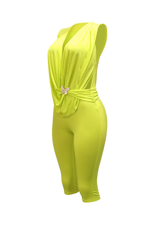 Draped V Neck Capri Romper Lavish Daily
