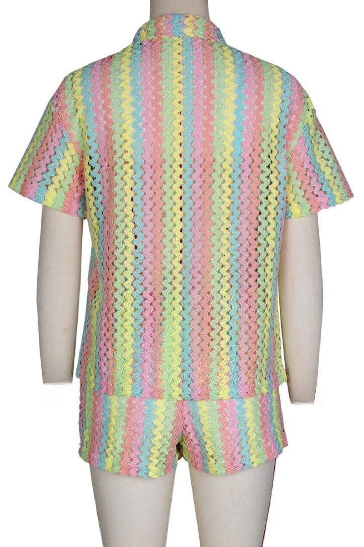 Crochet Chevron Short Sleeve Button-Down & Shorts Set Lavish Daily
