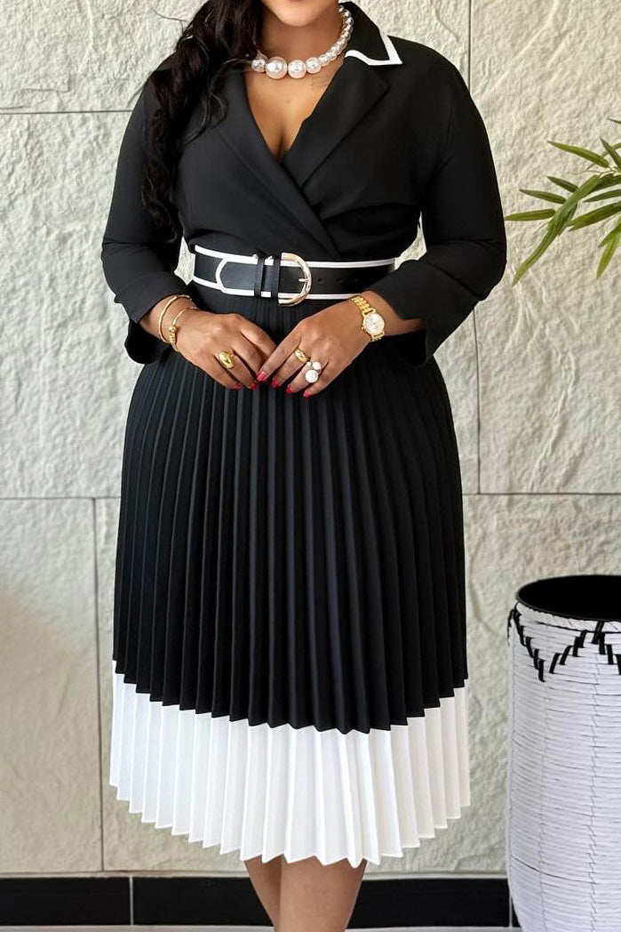 Elegant Lapel Belted Pleated Midi Dress Lavish Daily