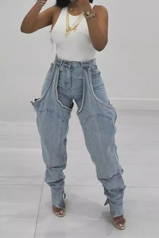 Thigh High Double Denim Jeans Lavish Daily