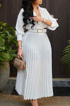 Solid Color Cinched Waist Pleated Long Dress Lavish Daily
