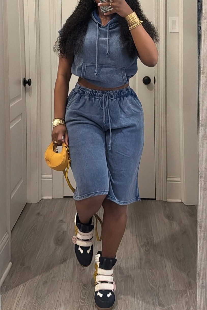 Acid Wash Cropped Hoodie & Shorts Set Lavish Daily