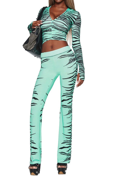 Printed Zip Hoodie Flare Pants Set Lavish Daily