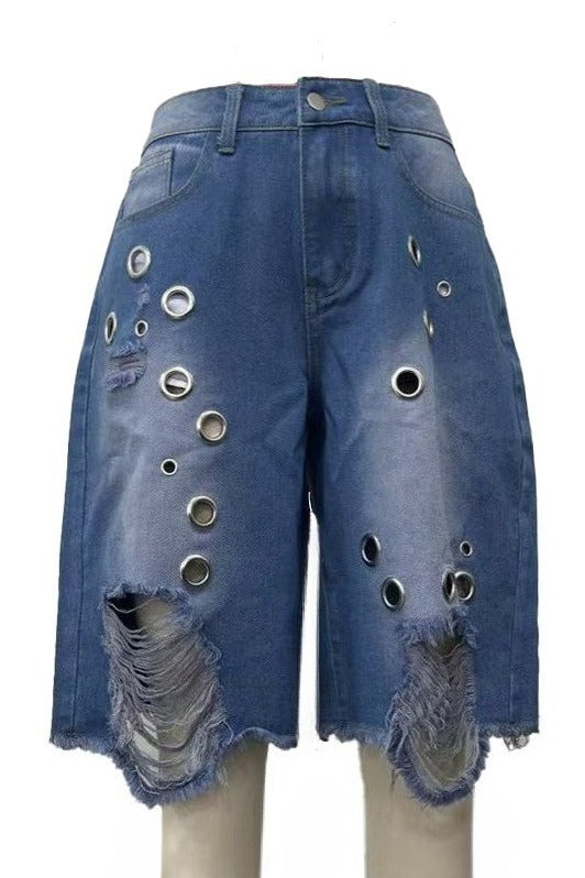 Distressed Eyelet Denim Shorts LavishDaily