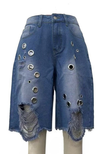 Distressed Eyelet Denim Shorts LavishDaily