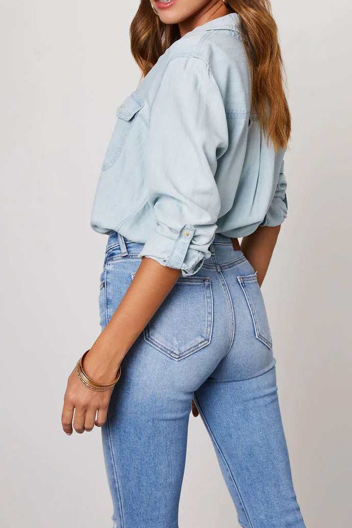 Button Front Roll-Tab Sleeve Denim Shirt Lavish Daily