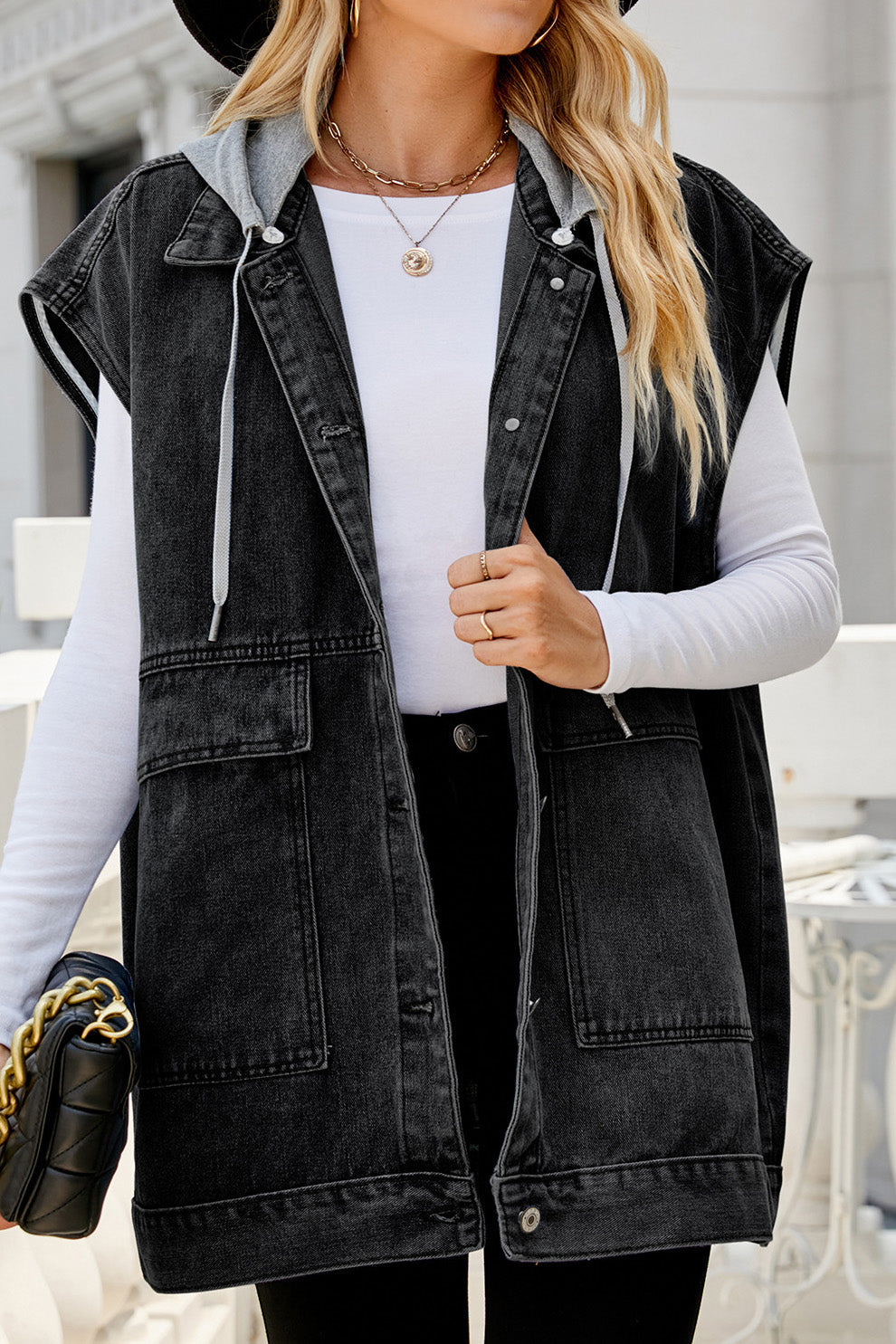 Vintage Denim Vest with Detachable Hood Lavish Daily