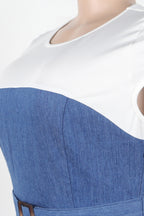 Elegant Denim Patchwork Pocket A-Line Dress Lavish Daily