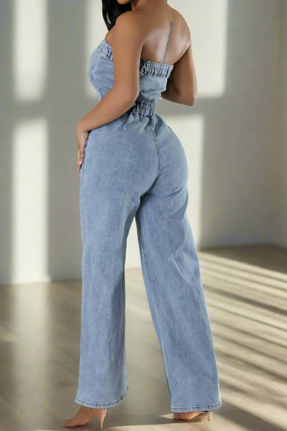 Denim Button Strapless Jumpsuit Lavish Daily