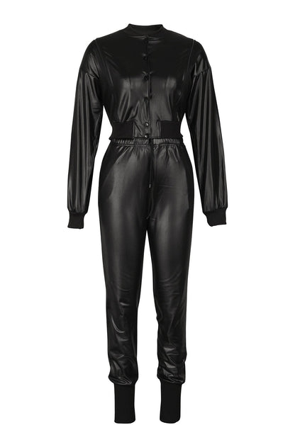 2-Piece Cutout Faux-Leather Bomber & Jogger Set Lavish Daily