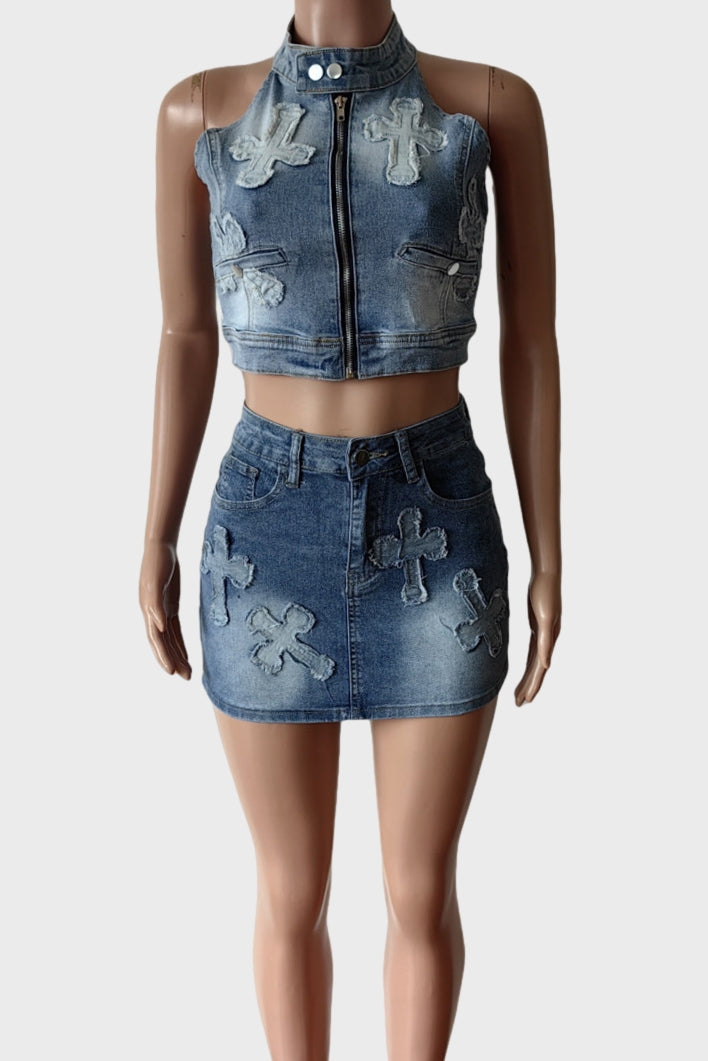 Street Wear Denim Zipper Skirt Set Lavish Daily