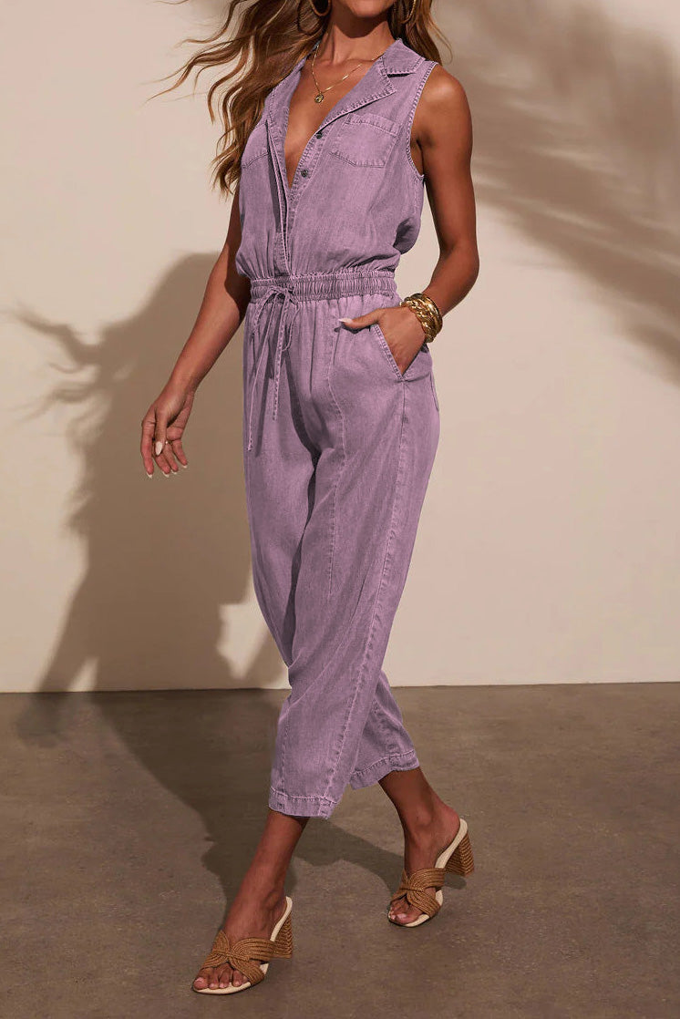 Sleeveless Drawstring Denim Utility Jumpsuit Lavish Daily