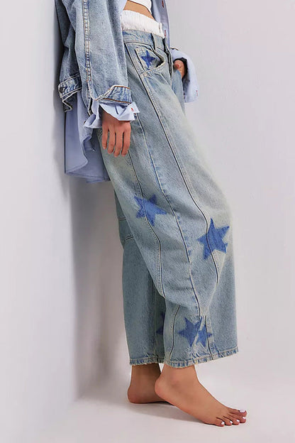 Star Print Relaxed Barrel Leg Jeans Lavish Daily