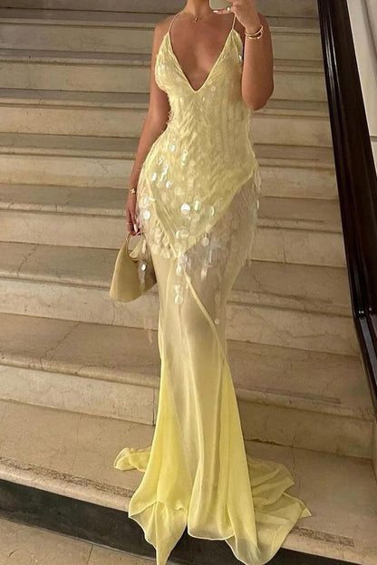 Sequin Backless Drape Tulle Hem Slip Maxi Dress Lavish Daily