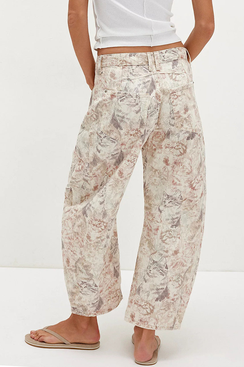 Vintage Cat Print Relaxed Barrel Leg Jeans Lavish Daily