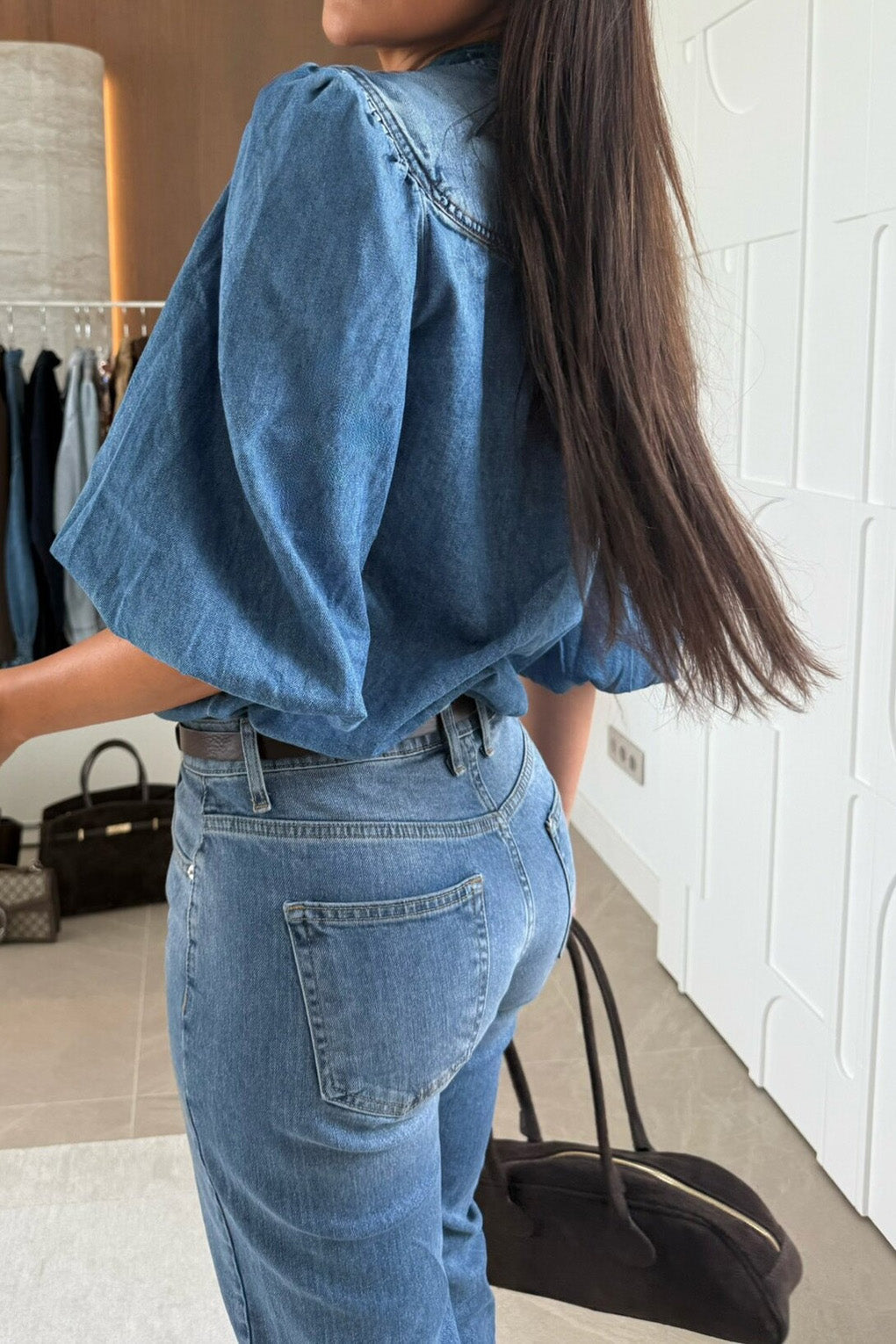Vintage Lantern Sleeve V-Neck Denim Shirt Lavish Daily