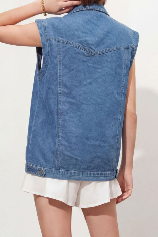 Relaxed Button-Down Sleeveless Denim Vest Lavish Daily