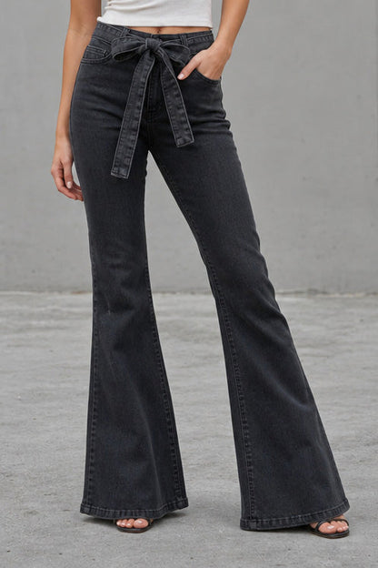 Medium Stretch High Rise Tie Belt Flare Jeans Lavish Daily